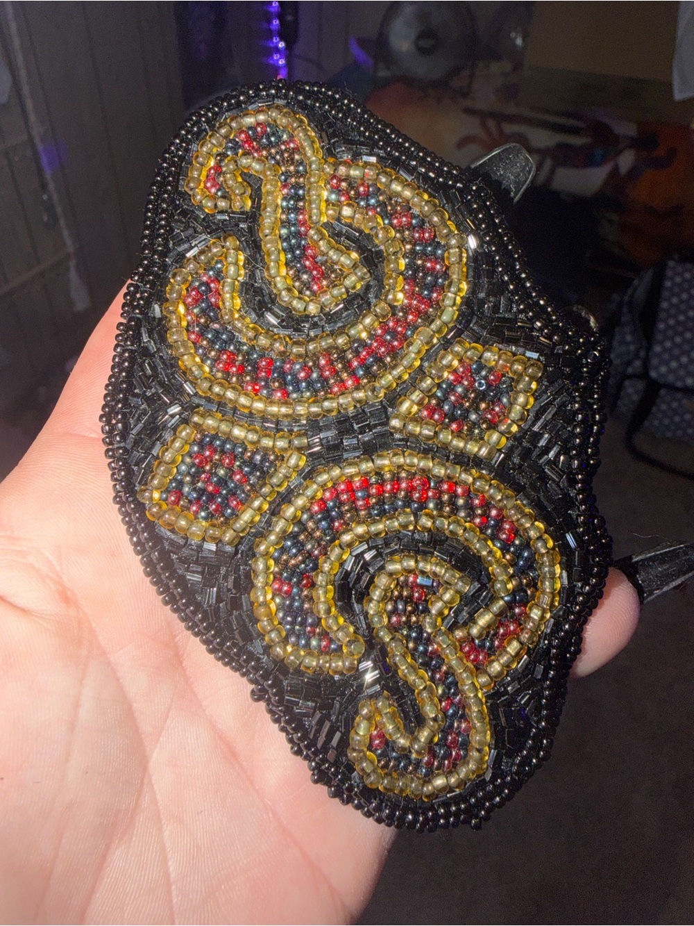 Beaded Black Hair Clip with Gold and Red Accents